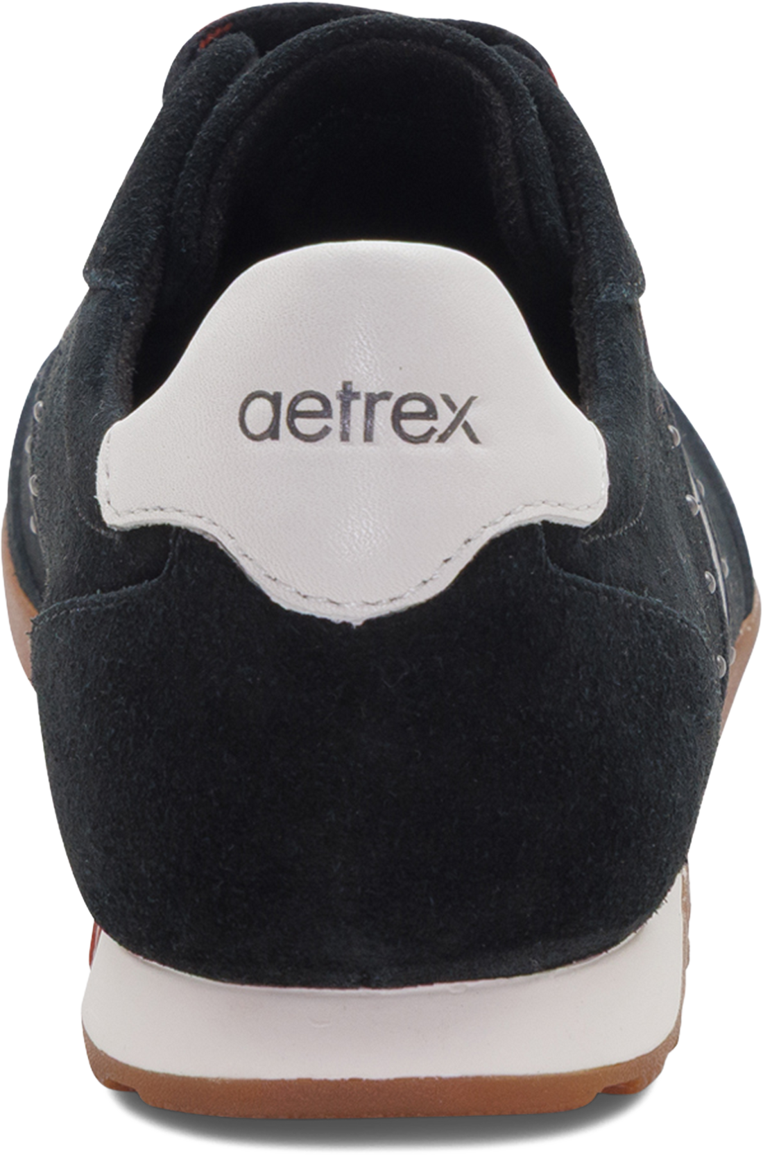 Close-up rear view of a black suede sneaker with a white heel tab featuring the &