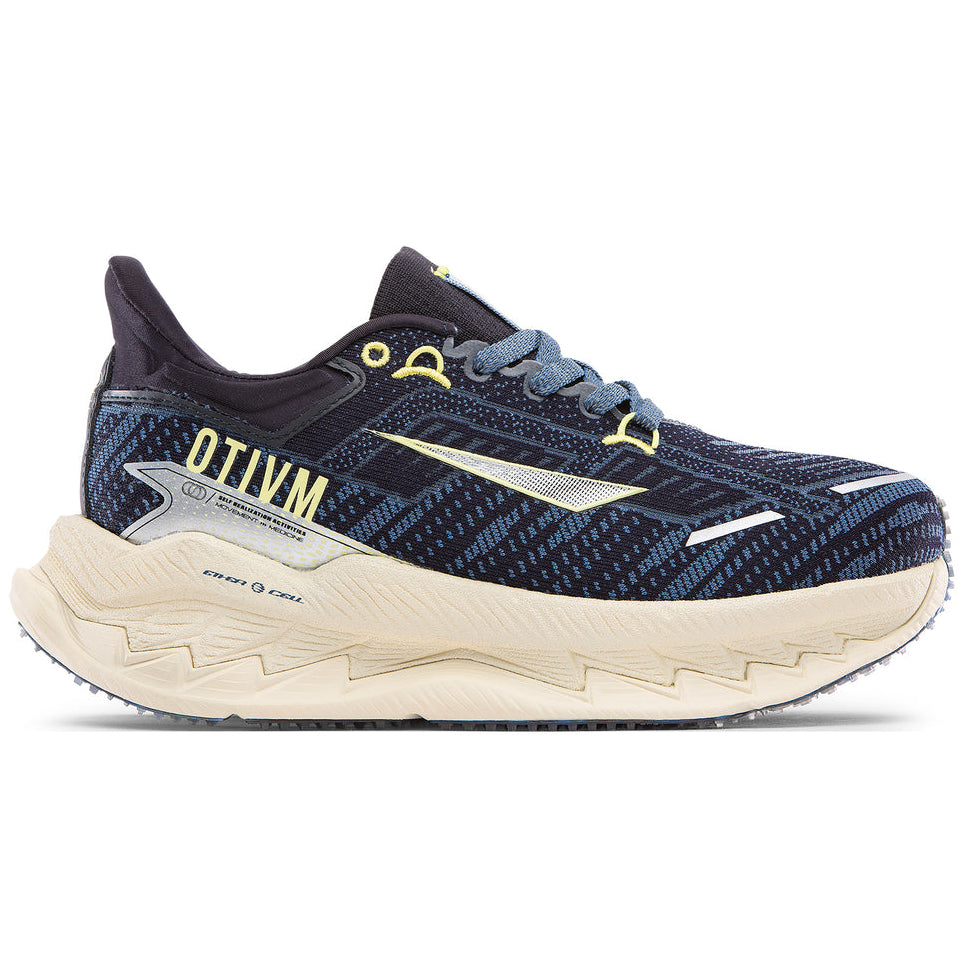 Navy running shoe with beige sole on a white background