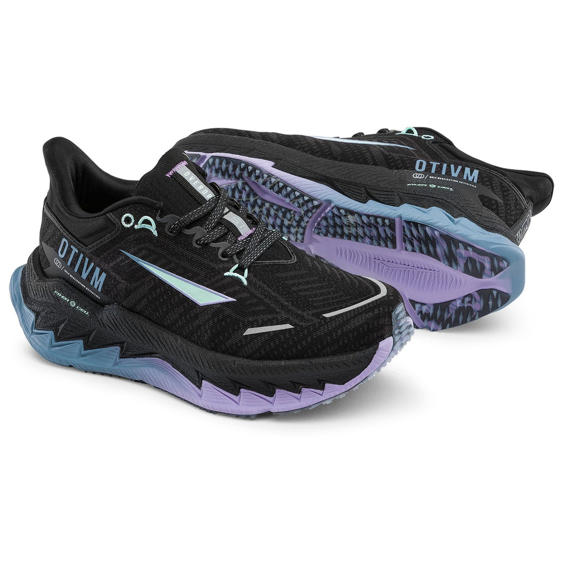 A pair of Otivm running shoes in black, purple, and light blue, displayed against a clean white background.