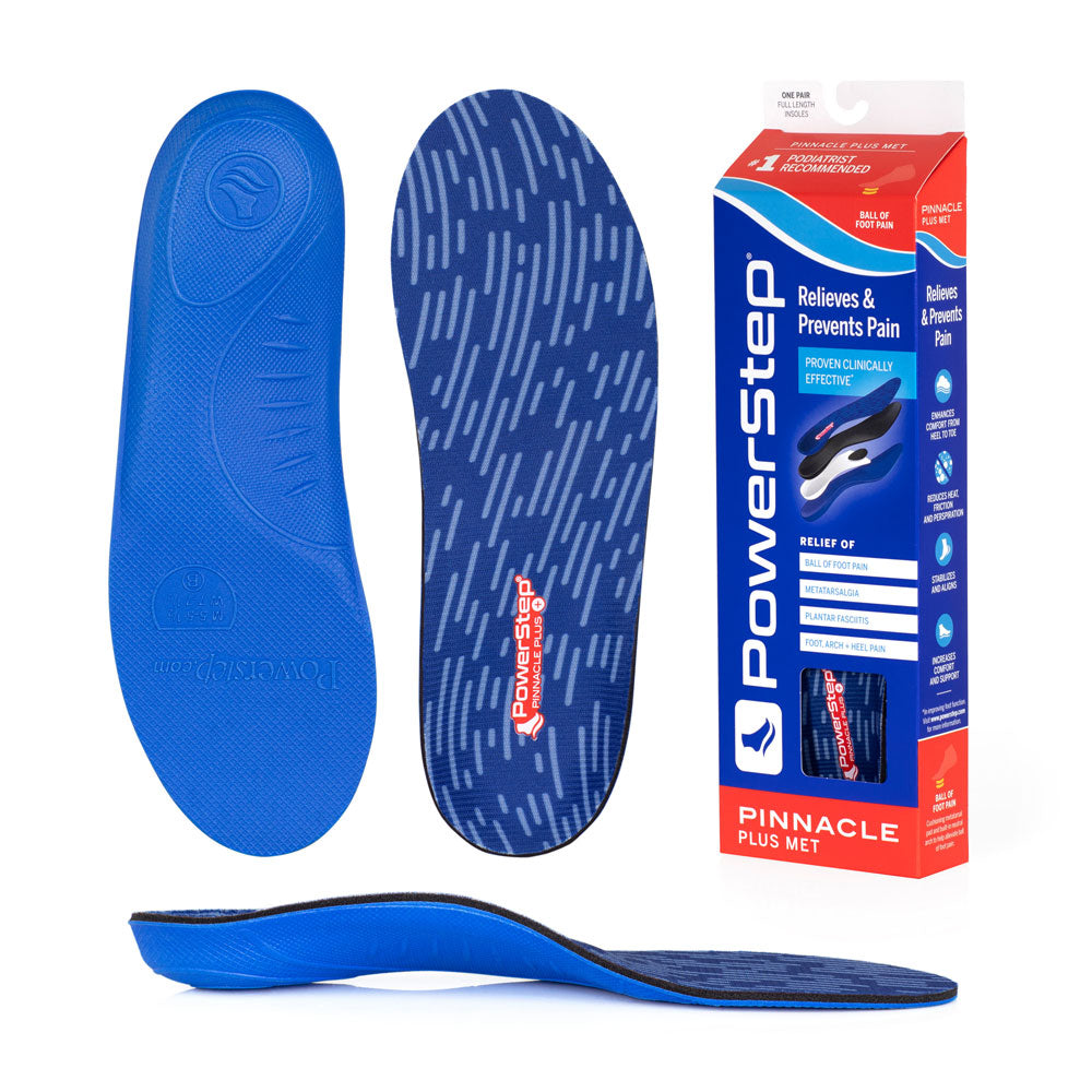 Blue shoe insole with Pinnacle Plus Met branding and a Powerstep branded box on a white background.
