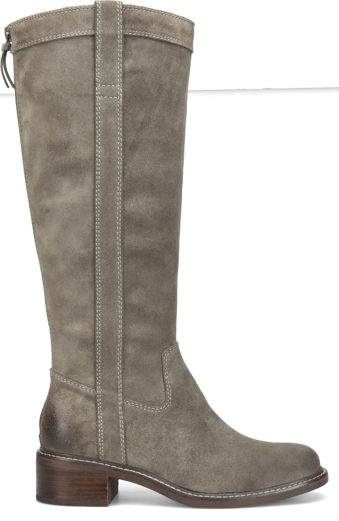 Sofft brand tall leather grey suede boots with a zipper that goes up the calf.