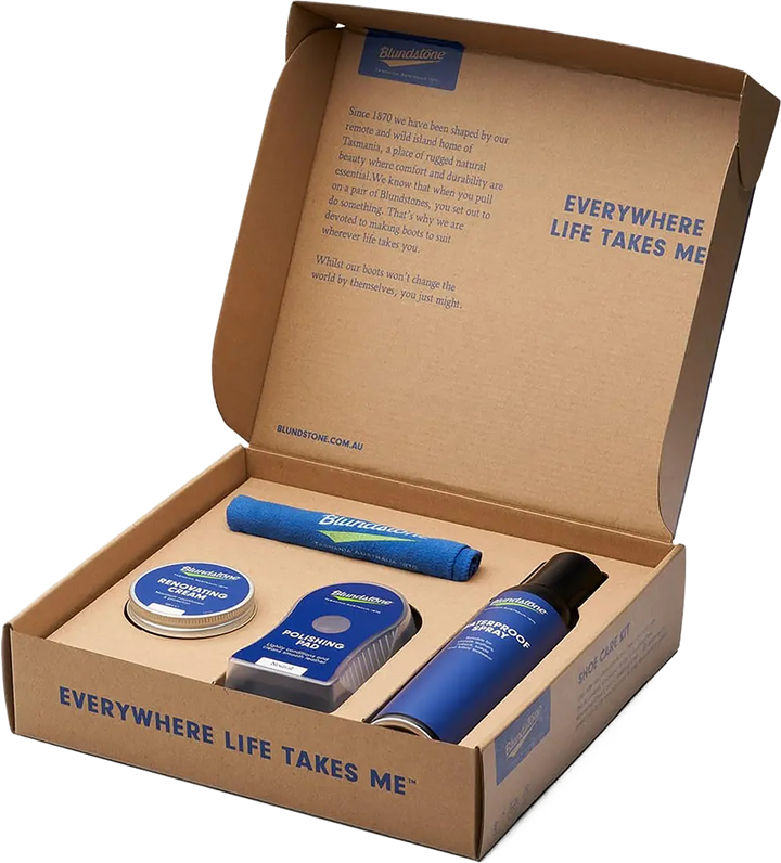 Quarter turn view Unisex Blundstone Care Product style name Shoe Care Kit in color NO COLOR. Sku: SHOECARE-RUSTIC