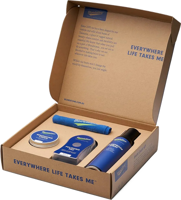 Quarter turn view Unisex Blundstone Care Product style name Shoe Care Kit in color NO COLOR. Sku: SHOECARE-RUSTIC