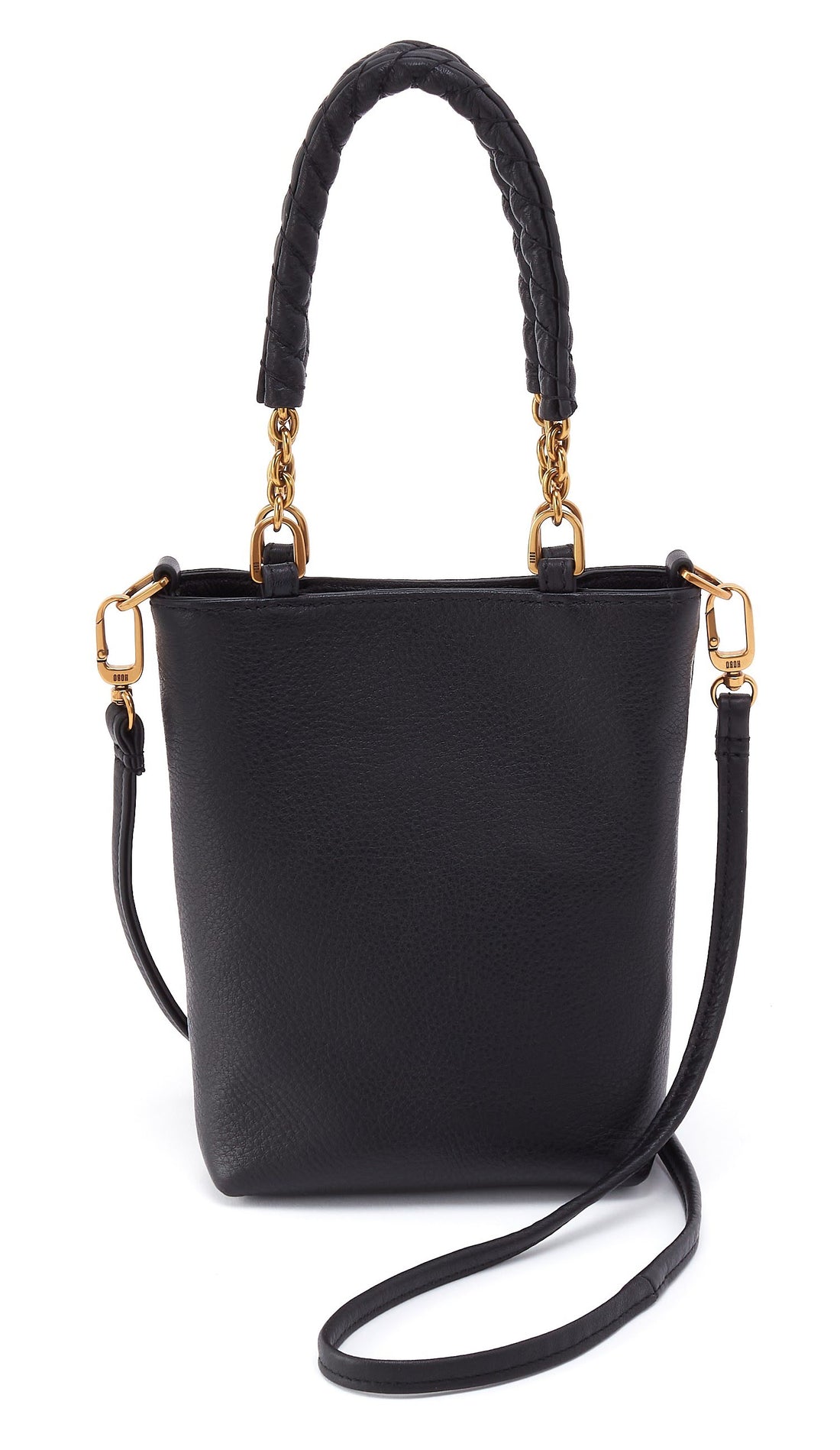 Black handbag with gold accents on a white background