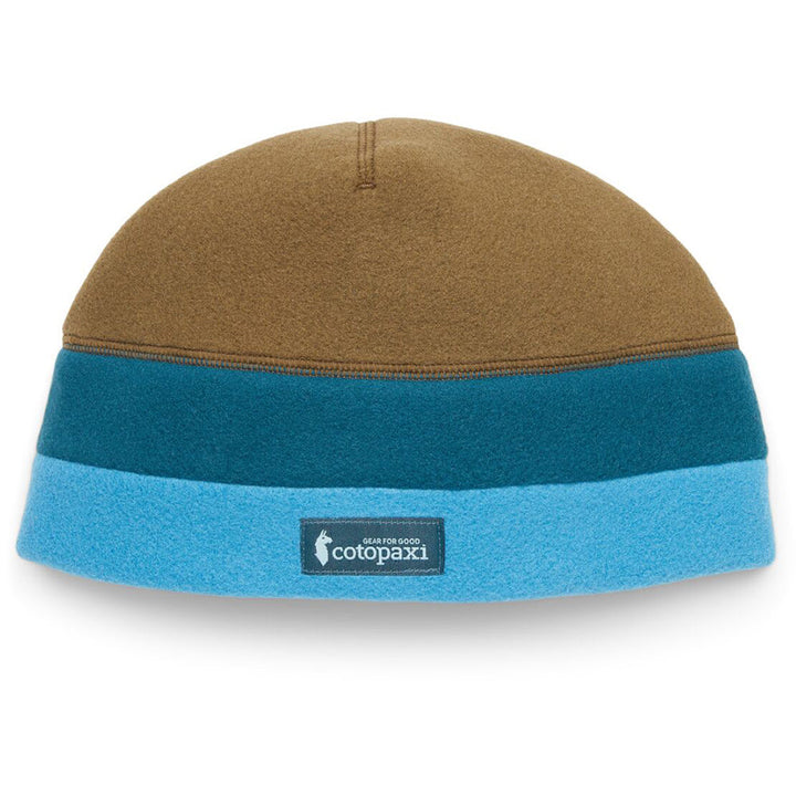 Quarter turn view Women's Cotopaxi Hats style name Teca Fleece Beanie in color Live Oak. Sku: TFB-F24-LO