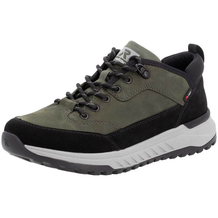 Quarter turn view Men's R-Evolution Footwear style name Anthony 02 in color Schwarz/ Moor/ Liane. Sku: U0102-54