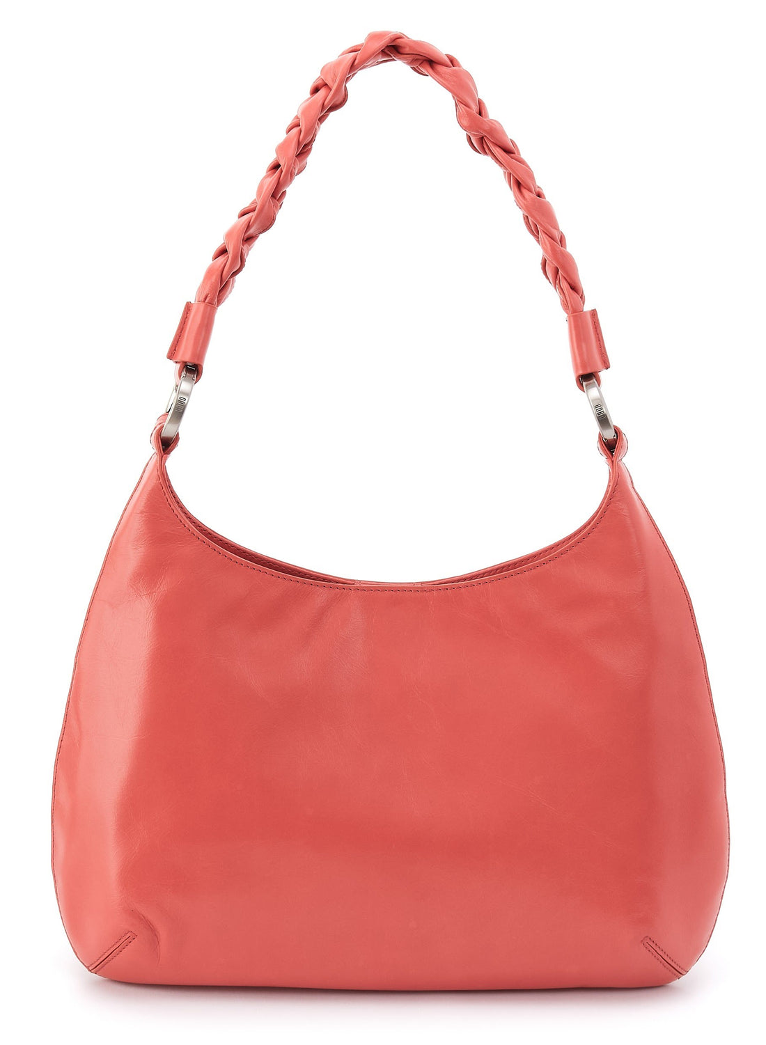 Coral handbag with braided handle on a white background
