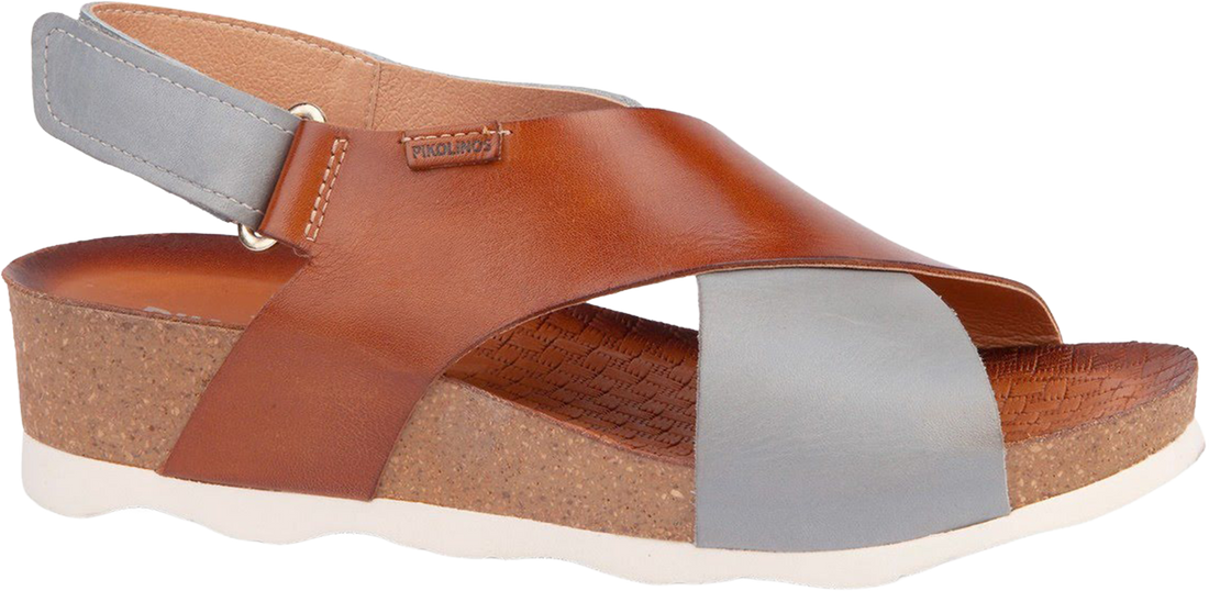 Brown sandal with gray straps on a white background