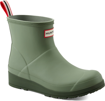 Quarter turn view Women's Hunter Footwear style name W Play Short Boot in color OIL GREEN. Sku: WS2020RMA-MGN02