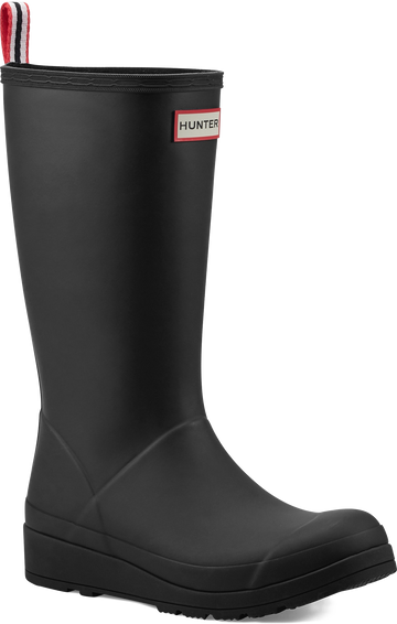 Quarter turn view Women's Hunter Footwear style name W Play Tall Boot in color BLK HNTR. Sku: WT2007RMA-HBL01