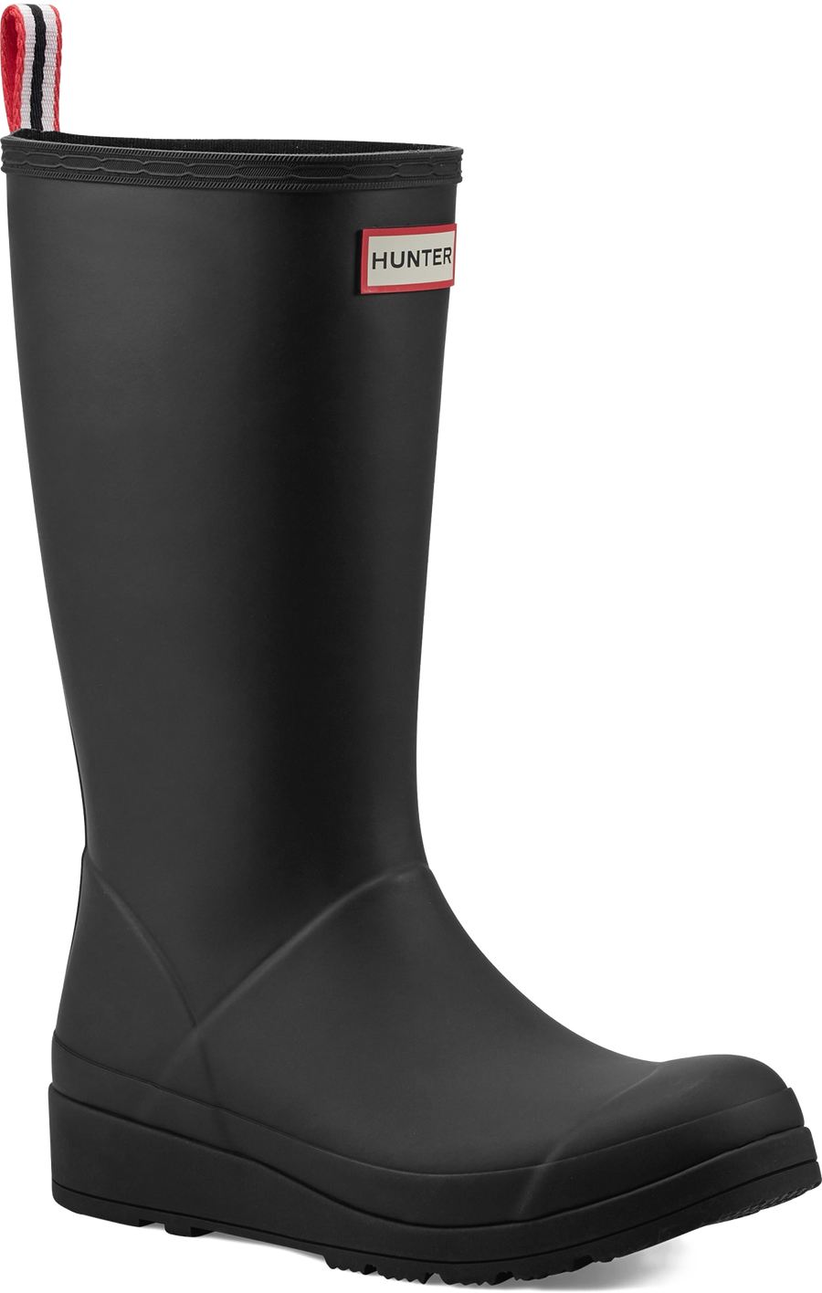 Quarter turn view Women's Hunter Footwear style name W Play Tall Boot in color BLK HNTR. Sku: WT2007RMA-HBL01