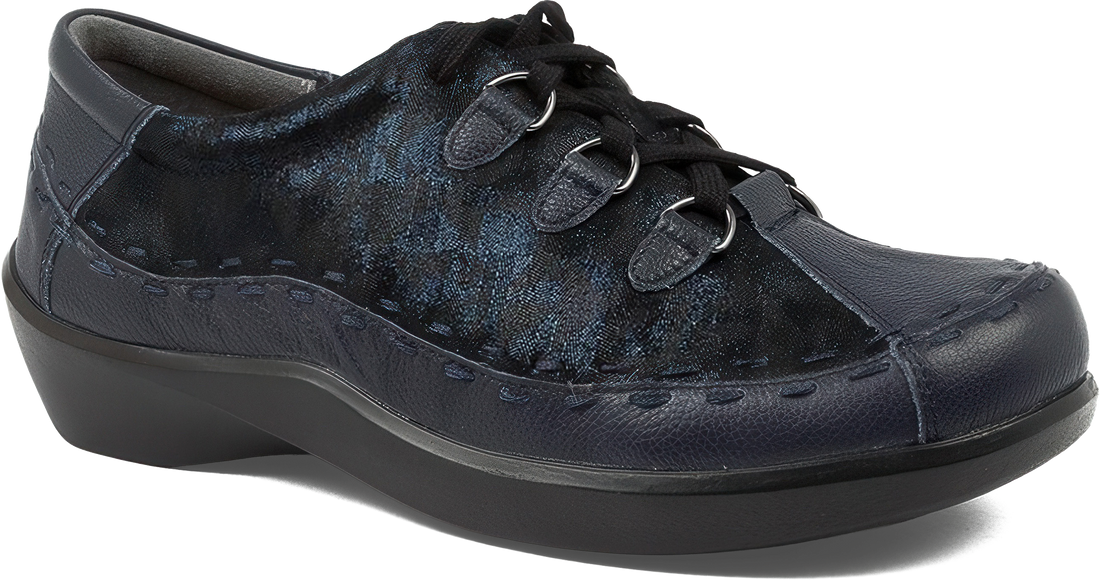 Navy blue shoe with black accents on a white background