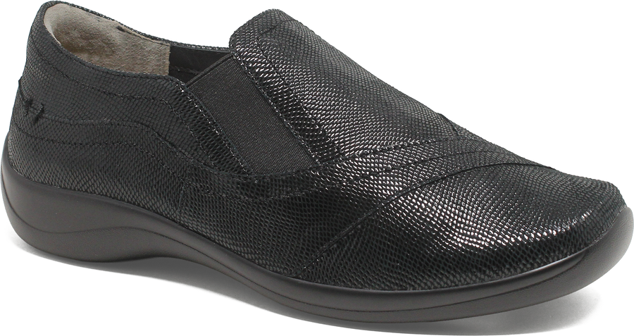 Quarter turn view Women's Ziera Footwear style name Java Xf in color BLK LIZ. Sku: ZR10032AEYCH