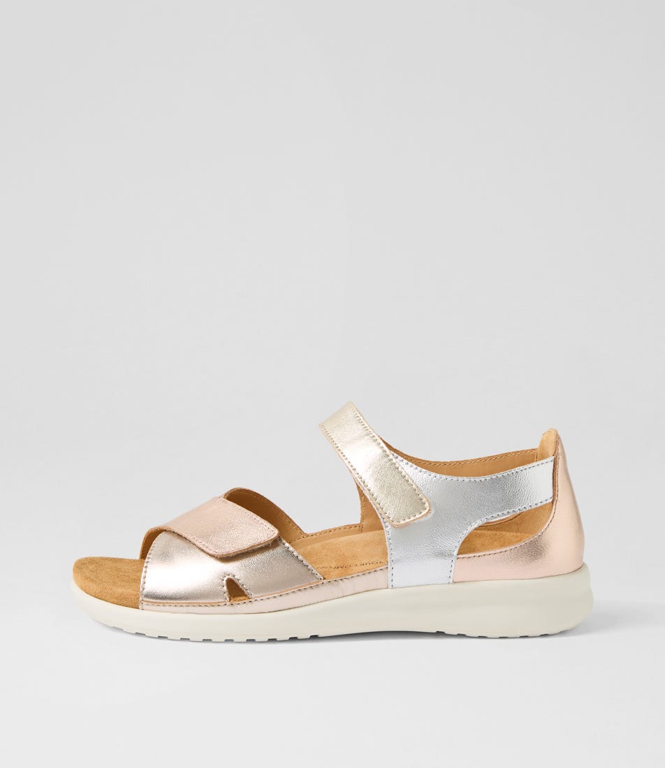 Two-tone sandal with metallic pink and beige straps on a light gray background