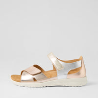 Two-tone sandal with metallic pink and beige straps on a light gray background