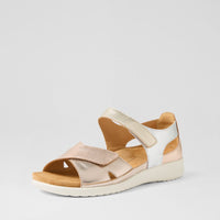 Sandal with beige and white straps on a light gray background