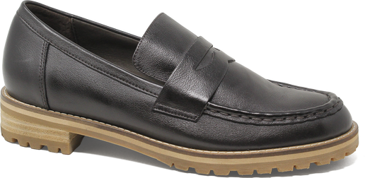 Black loafer shoe with a brown sole on a white background