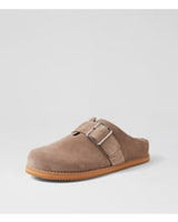 clog in taupe suede leather with closed round toe, cushioned footbed with open back on a white background