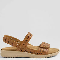 Tan sandal with a strap on a light gray background