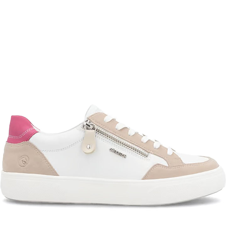 Quarter turn Women's Remonte Footwear style name Shawna 01 in color Muschel/ Magenta. Sku: D2J01-81