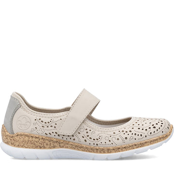 Quarter turn Women's Rieker Footwear style name Nikita 99 in color Perle/ Cement/ Perlcreme. Sku: N4299-60