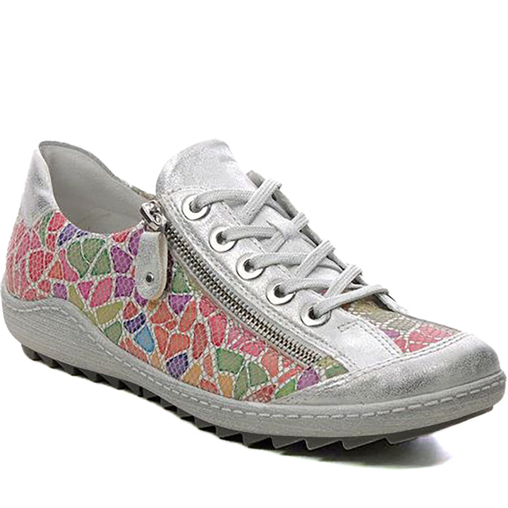 Quarter turn Women's Remonte Footwear style name Liv 02 in color Ice/ Multicolor/ Odessa/ Puglia. Sku: R1402-97