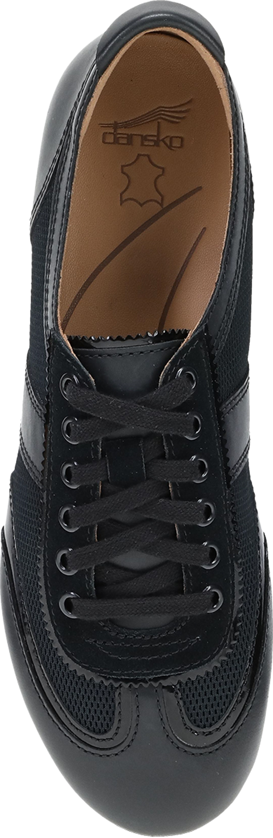 A top-down view of a black leather sneaker with black laces, showcasing the black textured upper, silver eyelets, and a brown insole with the &