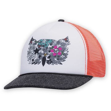 Quarter view Unisex Pistil Apparel style name Taboo Owl Trucker in color White/ Sienna/ Black. Sku: 0234-OWL