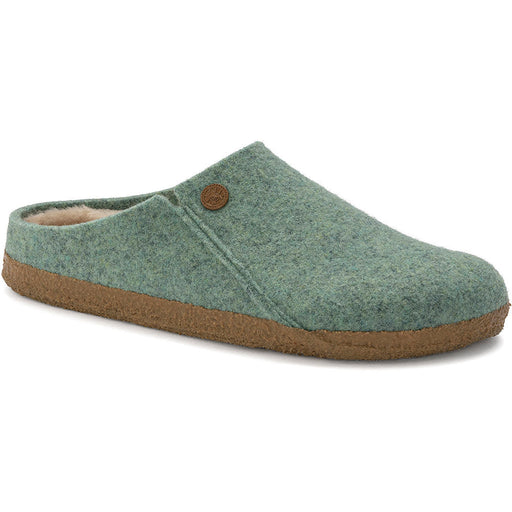 Quarter view Women's Birkenstock Footwear style name Zermatt Shearling Narrow color Beryl/ Sandcaslte. Sku: 1023165