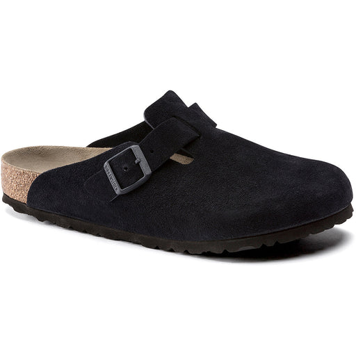 Quarter view Women's Birkenstock Footwear style name Boston Soft Footbed Suede Narrow in color Midnight. Sku: 1023865