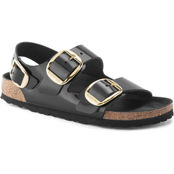 Quarter view Women's Birkenstock Footwear style name Milano Big Buckle Narrow in color High Shine Black. Sku: 1024211