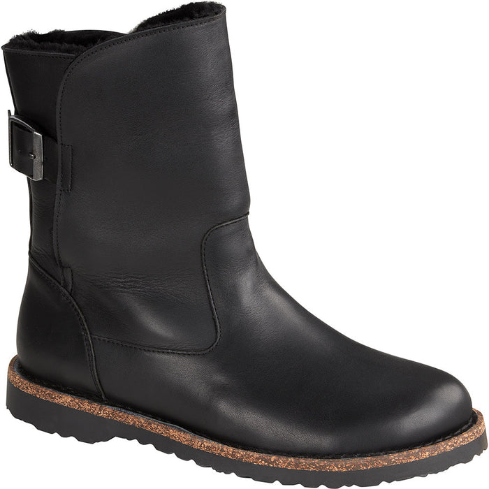Quarter view Women's Birkenstock Footwear style name Uppsala Shearling Regular in color Black Leather. Sku: 1025583