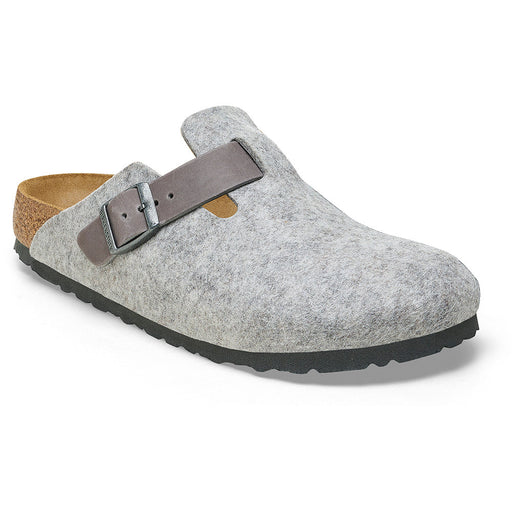 Quarter view Women's Birkenstock Footwear style name Boston Wool Narrow in color Light Gray. Sku: 1026163