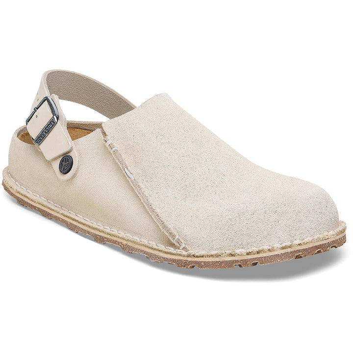 Quarter view Women's Birkenstock Footwear style name Lutry Narrow in color Eggshell. Sku: 1026346