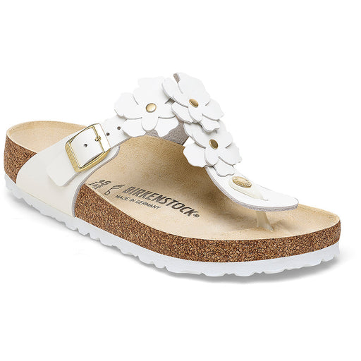 Quarter view Women's Birkenstock Footwear style name Gizeh Flowers Regular in color White. Sku: 1026686