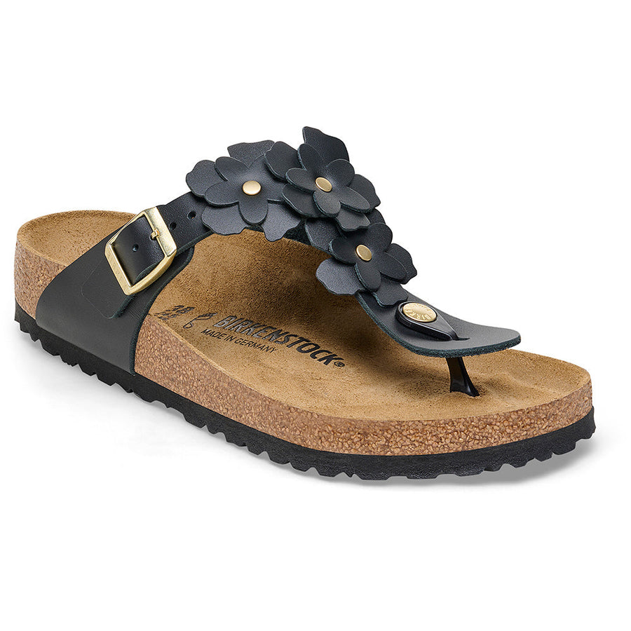 Quarter view Women's Birkenstock Footwear style name Gizeh Flowers Regular in color Black. Sku: 1026693