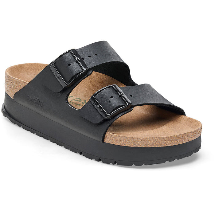 Quarter view Women's Birkenstock Footwear style name Arizona Platform Vegan Narrow in color Black. Sku: 1027395