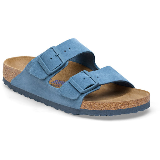 Quarter view Women's Birkenstock Footwear style name Arizona Soft Footbed Suede Narrow in color Elemental Blue. Sku: 1027692