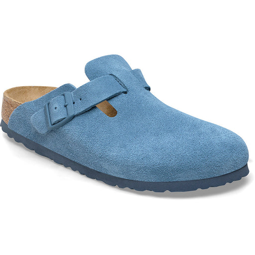 Quarter view Women's Birkenstock Footwear style name Boston Soft Footbed Suede Narrow in color Elemental Blue. Sku: 1027711