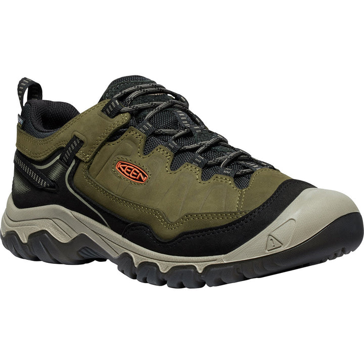 Quarter view Men's Keen Footwear style name Targhee Iv Waterproof in color Dark Olive/Gold Flame. Sku: 1028996