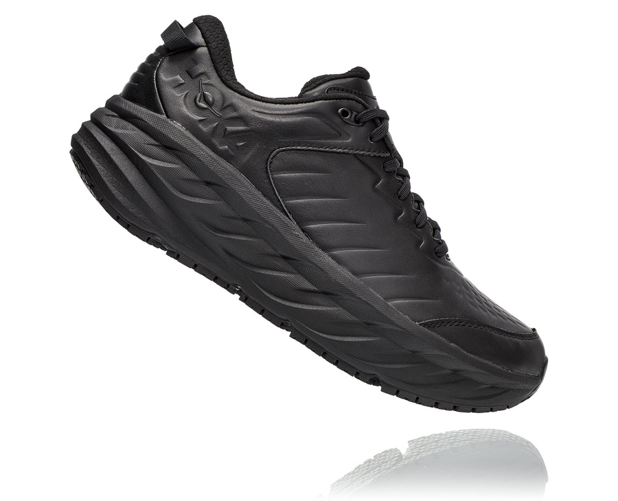 Side view Men's Hoka Bondi Slip Resistant in Black. Sku: 1110520BBLC