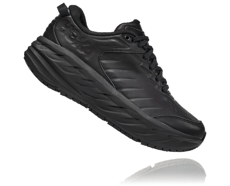 Side view Women's Hoka Bondi Slip Resistant in Black. Sku: 1110521BBLC