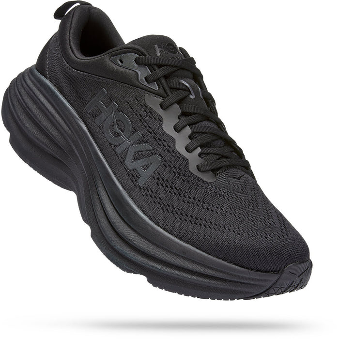 Quarter view Men's Hoka Footwear style name Bondi 8 in color Black/ Black. SKU: 1123202bblc