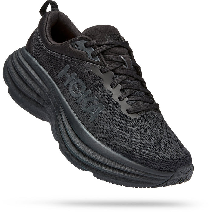 Quarter view Women's Hoka Footwear style name Bondi 8 in color Black/ Black. SKU: 1127952BBLC