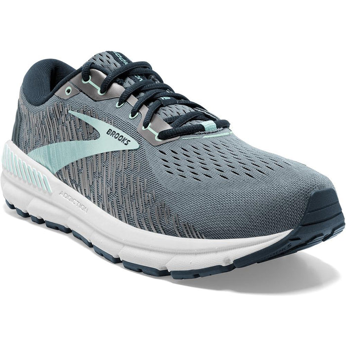 Quarter view Women's Brooks Footwear style name Addiction GTS 15 Wide in color Grey/ Navy/ Aqua. Sku: 120352-1D099