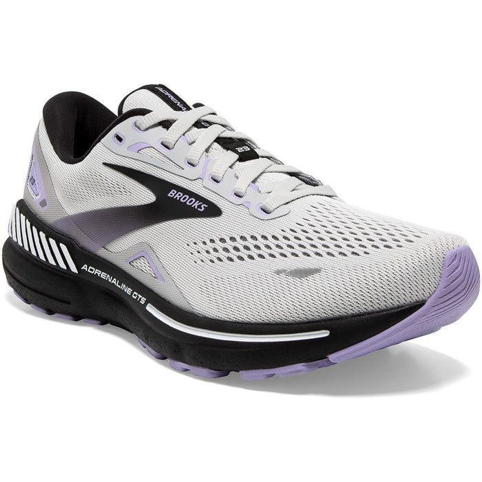 Quarter view Women's Brooks Footwear style name Adrenaline Gts 23 Wide in color Grey/ Black/ Purple. Sku: 120381-1D039