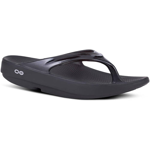 Quarter view Women's Oofos Footwear style name Oolala  Flip - Shiny in color Black. Sku: 1400BLK