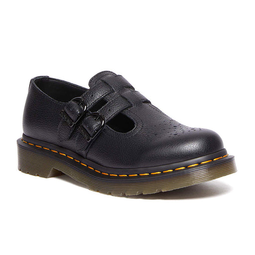 Quarter view Women's Dr. Martens Footwear style name 8065 Mary Jane Virginia in color Black. Sku: 30692001