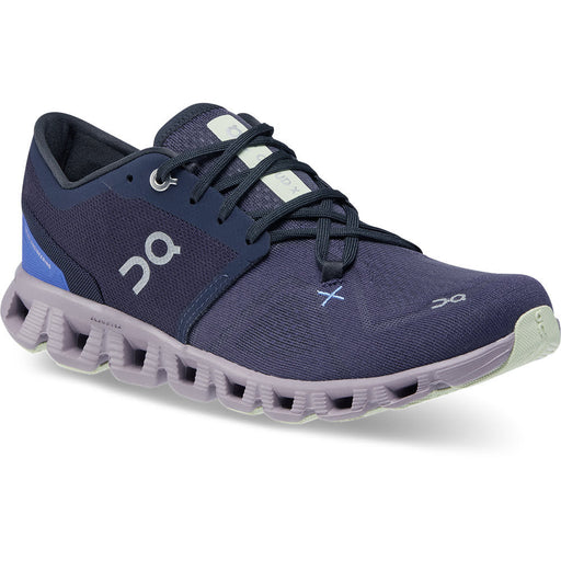 Quarter view Women's On Running Footwear style name Cloud X 3 color Midnight/ Heron. Sku: 60-98689