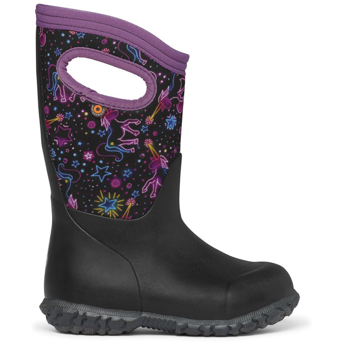 Quarter view Kid's Bogs Footwear style name York-Neon Unicorn in color Black Multi. Sku: 73086-009